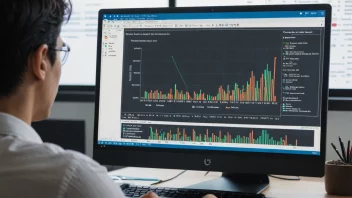 En person som analyserer data på en dataskjerm, med en graf som viser en fordeling av data i bakgrunnen.