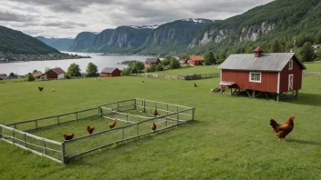 Et pittoreskt norsk gårdsbruk med fokus på kyllingproduksjon.