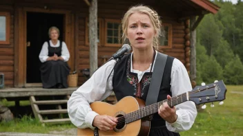 En tradisjonell norsk folkemusiker fremfører en visesang i en landlig setting.