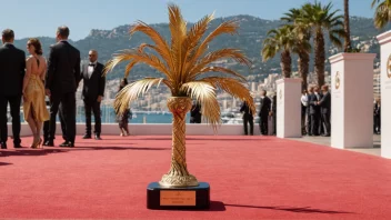 En gullpalme-trofé på en rød løper med et bybilde av Cannes i bakgrunnen.