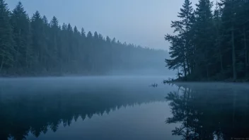 Et fredelig landskap med et blått lys, kanskje en tåkete skog eller en stille innsjø, med det blå lyset som reflekteres av omgivelsene.