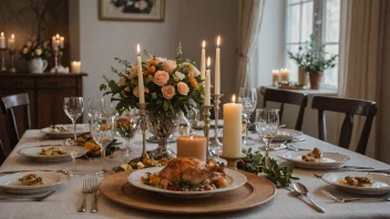 Et festlig bord med en rekke retter og drikke, dekorert med lys og blomster.