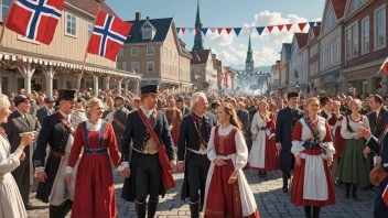 En detaljert illustrasjon av en 17. mai-feiring med mennesker i tradisjonelle klær, flagg og en festlig atmosfære.