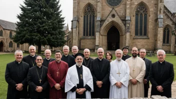 En gruppe geistlige fra ulike trosretninger samlet sammen, med en kirke eller annet gudshus i bakgrunnen.