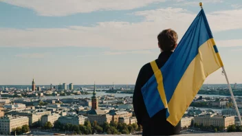 En person holder stolt to flagg, ett finsk og ett svensk, med en bysilhuett av Helsingfors bak dem.