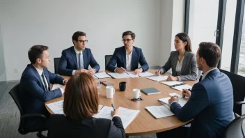 En gruppe ansatte og en arbeidsgiver i et møte, diskuterer lønn og arbeidsforhold.