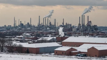 Et vinterlandskap med fabrikker og industrier i bakgrunnen, med fokus på produksjon og fremstilling.