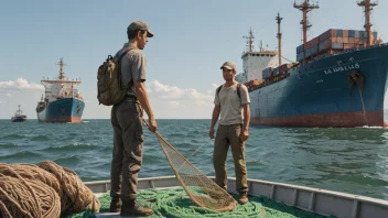 Et bilde av en person som står på en båt, som symboliserer akaieren, med elementer av fiske og transport i bakgrunnen.