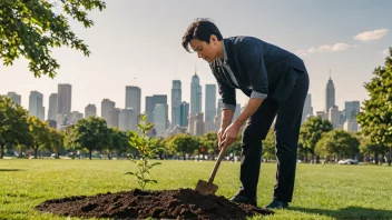 En person planter et tre i en park med en bysilhuett i bakgrunnen.