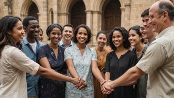 En gruppe mennesker fra ulike kulturer og bakgrunner samlet sammen, holder hender og smiler, med en subtil bakgrunn av en kirke eller et misjonsmiljø.