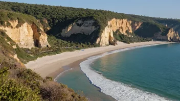 Et kystområde med en sandstrand, steinete klipper og en rekke planter og dyr.