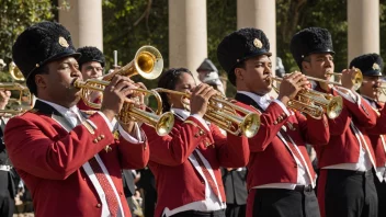 Et messingorkester som spiller en fanfare på trompeter og tromboner.