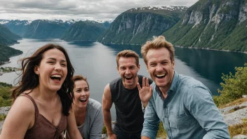 En gruppe mennesker fra Vestlandet som ler og spøker sammen, med et naturskjønt fjordlandskap i bakgrunnen.