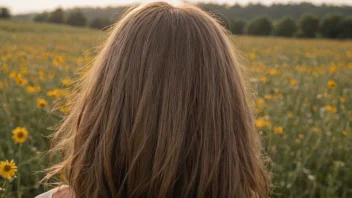 Et menneskes hår, med en uskarp bakgrunn av en mark med blomster