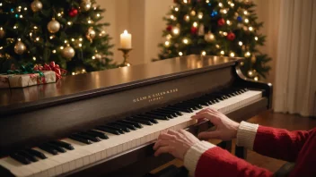 En fredelig og rolig scene av en person som spiller en vakker julemelodi på et piano i en koselig stue.