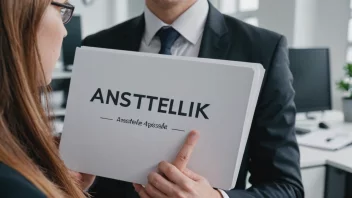 En person i businessantrekk som holder en mappe med etiketten 'Ansettelsespolitikk' i et kontormiljø.