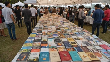 Et foto av en stor samling bøker og litterære verk på display på en litteraturfestival eller utdelingsbegivenhet