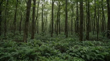 En skog med tett løvverk og undervekst.