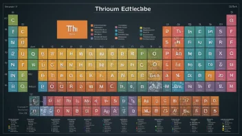 En bilde av periodesystemet med thorium fremhevet, omgitt av bilder av kjernekraftverk og industrielle applikasjoner.