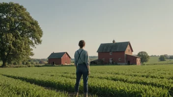 En person som står i en åker, med en gård og et fjøs i bakgrunnen.