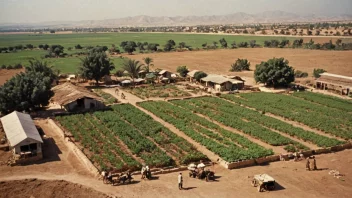 En kibbutz i Israel, med mennesker som arbeider sammen i åkrene og bor i felles boliger.