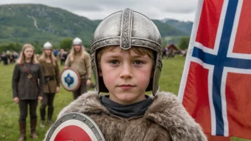 En ung gutt med en vikinghjelm og et norsk flagg i bakgrunnen, som representerer det norske navnet Oluf