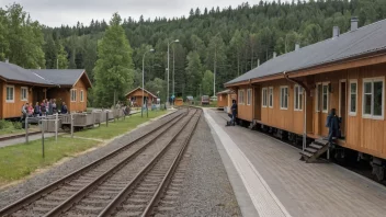 En forstadsbanestasjon i Norge med et tog som ankommer og mennesker som venter på plattformen.