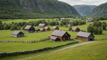 Et gammelt norsk tun med flere tradisjonelle trebygninger, inkludert et bondehus, en låve og uthus, omgitt av rullende åser og marker.