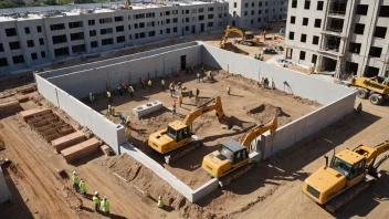 En bygning under konstruksjon, med fundament og grunnleggende struktur på plass.