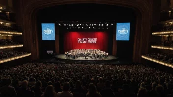 En veldedighetskonsert i en stor konsertarena, med en scene og et banner som leser 'Veldedighetskonsert' på norsk.