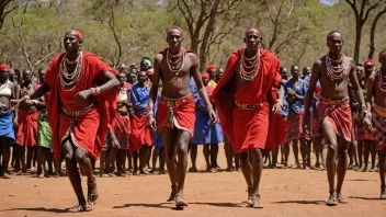 En gruppe kenyanske masaier som utfører en tradisjonell dans, kledd i lys og fargerike klær og tilbehør.