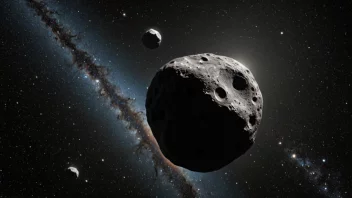 En asteroide i verdensrommet, med en gråbrun farge og en uregelmessig form, mot en mørk bakgrunn med stjerner og andre asteroider synlige.