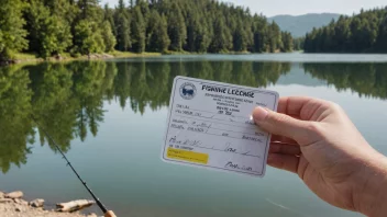 En person som holder en fiskestang og et fiskekort, med en fredelig innsjø eller elv i bakgrunnen.