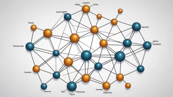 Et nettverksanalyse-diagram som viser koblingene og relasjonene mellom ulike noder og linjer.