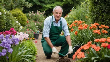 En hagearbeider i en hage med en rekke planter og blomster