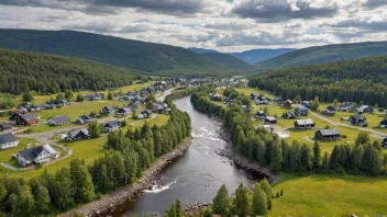 En malerisk landsby omgitt av frodig vegetasjon og rullende åser.