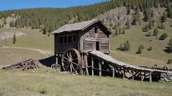 Et gammelt, forlatt sølvverk med et stort, trehjul og en liten, steinbygning i bakgrunnen.