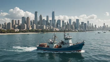 Et bilde som representerer balansen mellom fiskeindustrien og fiskeriforvaltningen, med en fiskebåt i havet og en bysilhuett og regjeringsbygning i bakgrunnen.