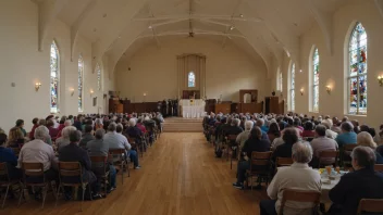 En stor sal i en kirke med stoler og bord, hvor menighetens medlemmer samles for å delta i ulike aktiviteter og arrangementer.