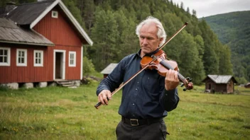 En tradisjonell norsk felespiller i en landlig setting, som spiller en feleslått på en fele.