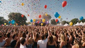 En fargerik illustrasjon av en musikkfestivals åpning med en menneskemengde som heier og konfetti som flyr overalt.