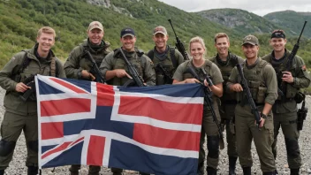 En gruppe mennesker i skyteutstyr, stående sammen med rifler og smiler, med et norsk flagg i bakgrunnen.