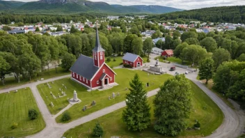 En malerisk kirke med et tilhørende område i en liten norsk by.