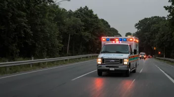 En ambulanse kjører på veien med blinkende lys, noe som gir en følelse av hast og bevegelse.