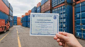 En person som holder et dokument med en tollklareringstempelet, med en bakgrunn av shippingcontainere og lastebiler.