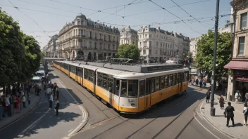 Et bilde av en trikkerute med flere trikker og passasjerer