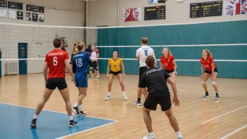 En volleyballkamp i en idrettshall med norsk flagg på veggen.