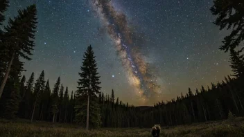 Et fredelig skoglandskap med en bjørn i forgrunnen og en stjernefylt himmel i bakgrunnen.