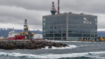 Et fotografi av en moderne kontorbygning med en skilt som leser 'Oljekontor' på norsk, som symboliserer administrasjon og regulering av oljeindustrien.