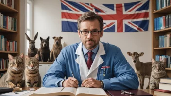 Et bilde som representerer den norske veterinærloven, med en veterinær i en klinik, omgitt av dyr og lovbøker.